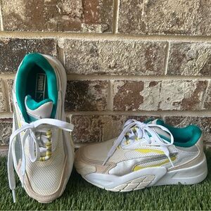 Puma White and Teal Athletic Shoes with Yellow Highlights